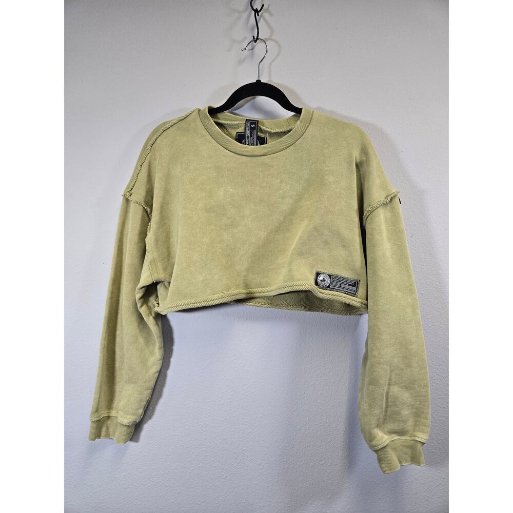 Alphalete‎ Olive Green Crop Top Raw Hem French Terry Pullover Sweatshirt Size S